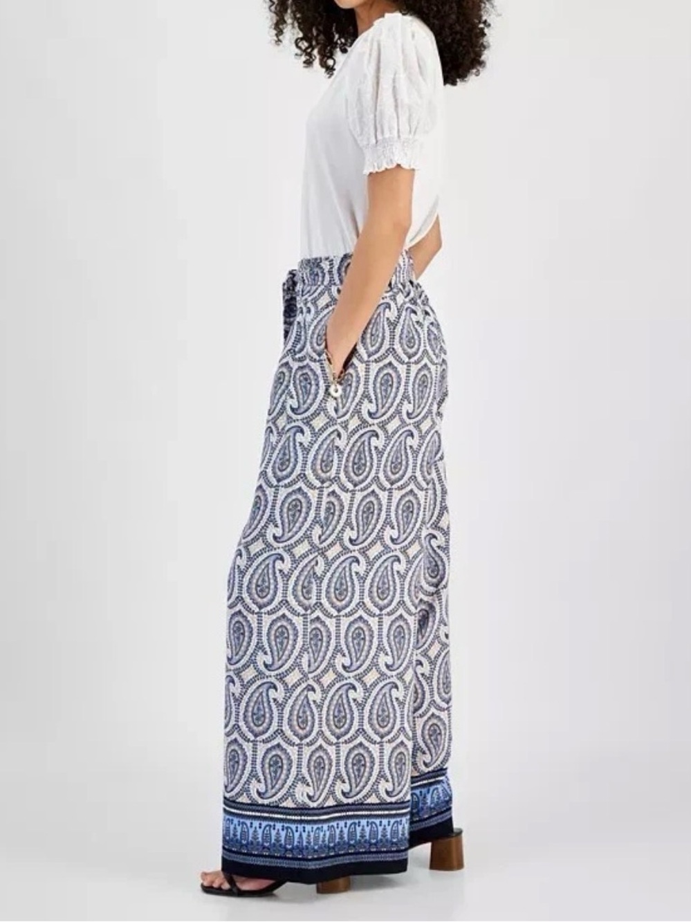 Tommy Hilfiger Blue Paisley Wide Leg Paperbag Waist Tie Belt Pants size Large